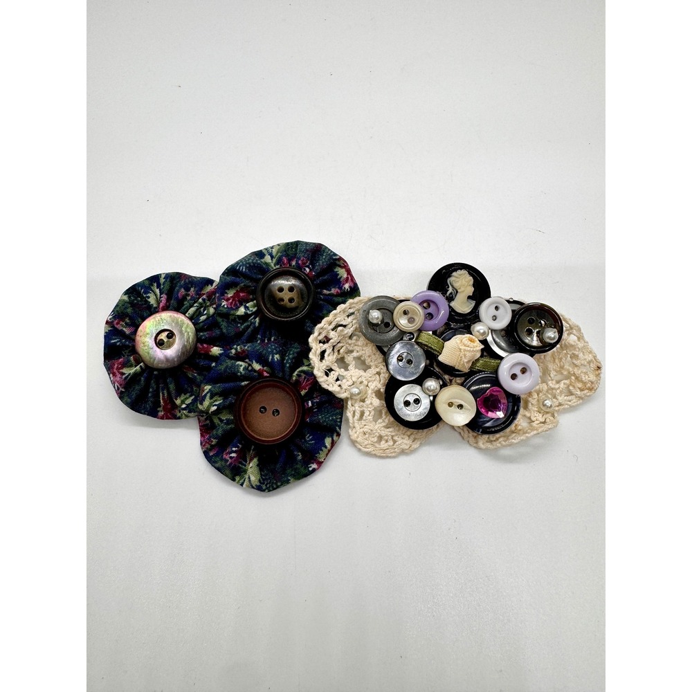 Vintage 1995 Handmade Brooch Set Fabric Yo-Yo Button Collage Cameo Folk Art Pin